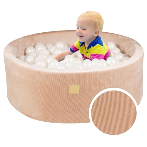 MEOWBABY Bällebad Baby - Rund 90x30cm Baby Pool für Kinder mit 200 Bälle, Kord, Sand: Perlweiß von MEOWBABY