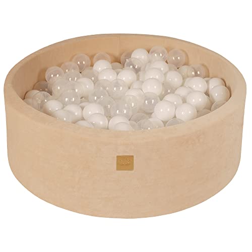 MEOWBABY Bällebad Baby - Rund 90x30cm Ballgruben für Kinder mit 200 Bälle, Samt, Ecru: Weiß/Transparent von MEOWBABY