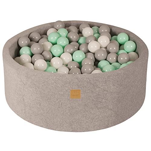 MEOWBABY Bällebad Baby - Rund 90x30cm Ballgruben für Kinder mit 200 Bälle, Samt, Hellgrau: Weiß/Grau/Minze von MEOWBABY
