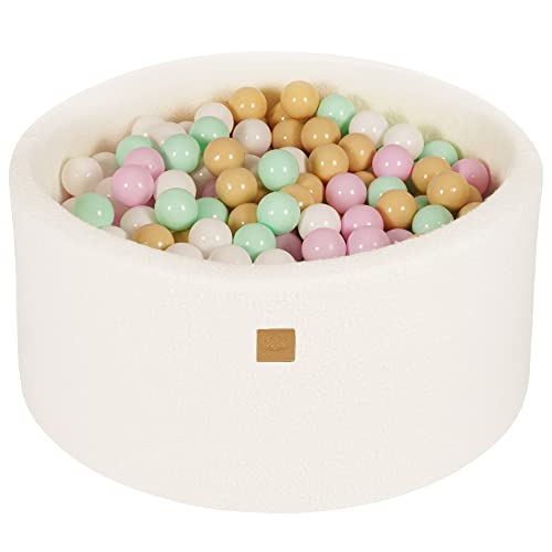 MEOWBABY Bällebad Baby - Rund 90x40cm Ballgruben für Kinder mit 300 Bälle, Boucle, Weiß: Pastellrosa/Minze/Weiß/Beige von MEOWBABY