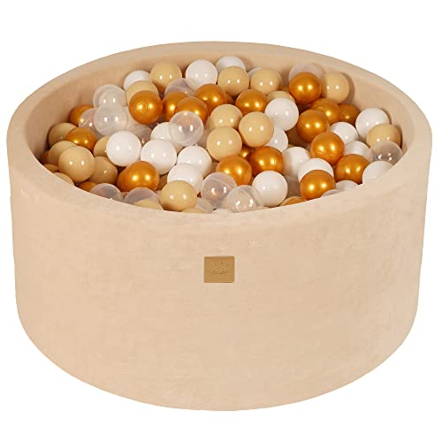 MEOWBABY Bällebad Baby - Rund 90x40cm Ballgruben für Kinder mit 300 Bälle, Samt, Ecru: Gold/Beige/Weiß/Transparent von MEOWBABY