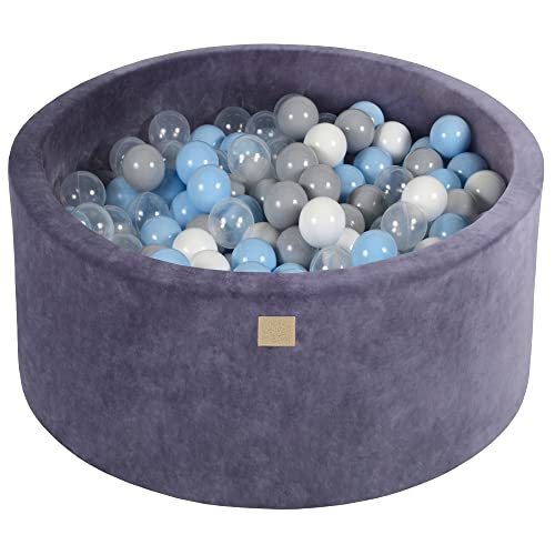 MEOWBABY Bällebad Baby - Rund 90x40cm Ballgruben für Kinder mit 300 Bälle, Samt, Graublau: Himmelblau/Grau/Weiß/Transparent von MEOWBABY