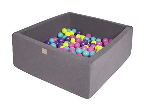 MEOWBABY Bällebad Baby ab 1 Jahr – Quadratisches 90x90x40cm Bällebad Kinder – Weiches Bällebecken aus Schaumstoff mit 200 Bälle, Cotton, Dunkelgrau von MEOWBABY