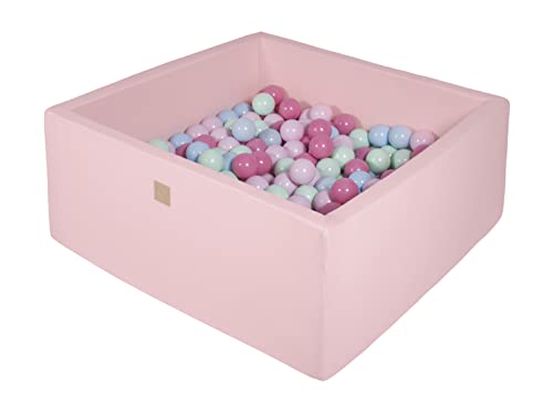 MEOWBABY Bällebad Baby ab 1 Jahr – Quadratisches 90x90x40cm Bällebad Kinder – Weiches Bällebecken aus Schaumstoff mit 200 Bälle, Cotton, Hellrosa von MEOWBABY