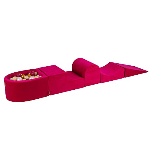 MEOWBABY Schaumstoff Bausteine Kinder - Bausteine XXL aus Schaumstoff mit Bällebad und 100 Bälle für Kinder - Baby Softbausteine zum Klettern, Samt, Magenta von MEOWBABY