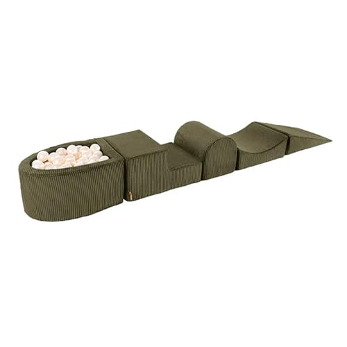 MEOWBABY Schaumstoff Bausteine Kinder - Softbausteine XXL - Bausteine Spielplatz mit kleinem Bällebad und 100 Bällen - Indoor Motorik Spielzeug für Babys & Kleinkinder, Cord, Khaki von MEOWBABY