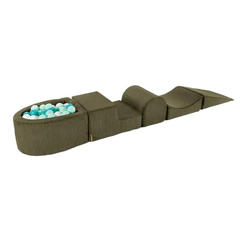 MEOWBABY Schaumstoff Bausteine Kinder - Softbausteine XXL - Bausteine Spielplatz mit kleinem Bällebad und 100 Bällen - Indoor Motorik Spielzeug für Babys & Kleinkinder, Cord, Khaki von MEOWBABY