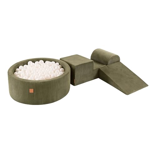MEOWBABY Schaumstoff Bausteine Kinder mit Bällebad 90x30cm – Softbausteine Baby – Softbausteine XXL für Kinder – Baby Klettern Indoor – Schaumstoffklötze für Spiel, Cord, Khaki von MEOWBABY
