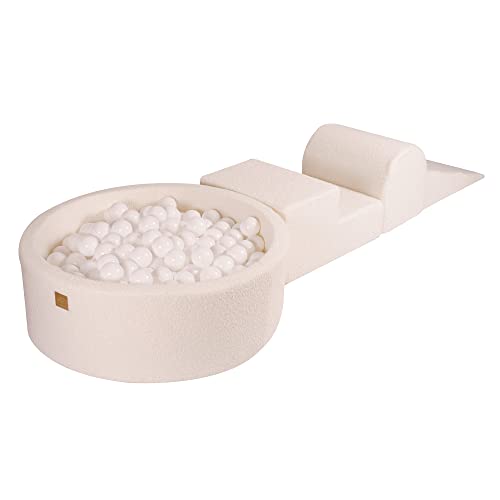 MEOWBABY Bällebad mit Schaumstoff Bausteinen - Spielplatz aus Schaumstoff mit 200 Bällen für Kinder - Weiches Indoor Bällebad Baby ab 1 Jahr, Boucle, Weiß von MEOWBABY