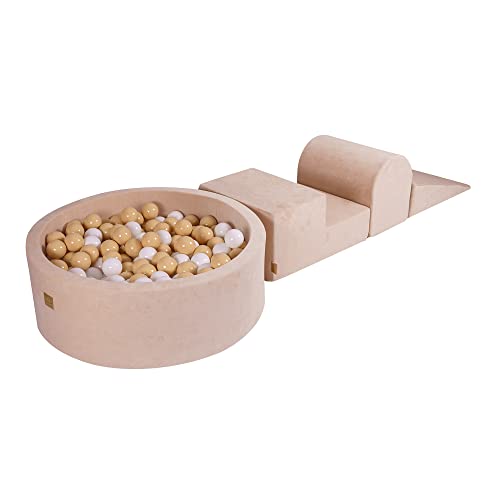 MEOWBABY Softes Schaumstoff-Kletter-Spieltset mit Bällebad 90 x 30 cm für Babys und Kleinkinder - Baby-Laufstall & Spielzimmer Essential, Indoor Bällebad für Kleinkinder, Samt, Ecru: Weiß/Beige von MEOWBABY