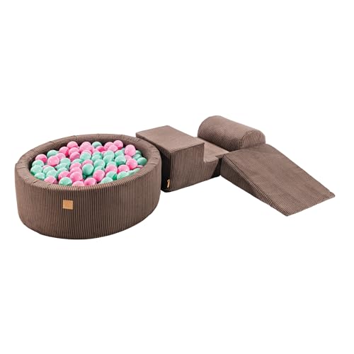 MEOWBABY Schaumstoff Bausteine Kinder mit Bällebad 90x30cm – Softbausteine Baby – Softbausteine XXL für Kinder – Baby Klettern Indoor – Schaumstoffklötze für Spiel, Cord, Braun von MEOWBABY