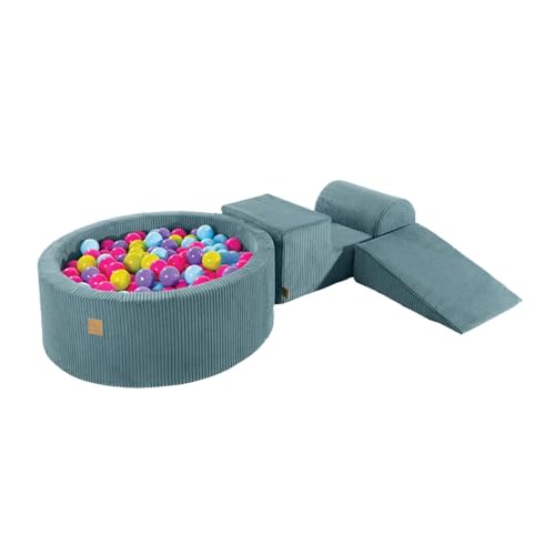 MEOWBABY Schaumstoff Bausteine Kinder mit Bällebad 90x30cm – Softbausteine Baby – Softbausteine XXL für Kinder – Baby Klettern Indoor – Schaumstoffklötze für Spiel, Cord, Türkis von MEOWBABY
