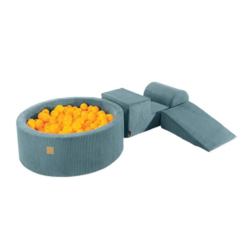 MEOWBABY Schaumstoff Bausteine Kinder mit Bällebad 90x30cm – Softbausteine Baby – Softbausteine XXL für Kinder – Baby Klettern Indoor – Schaumstoffklötze für Spiel, Cord, Türkis von MEOWBABY