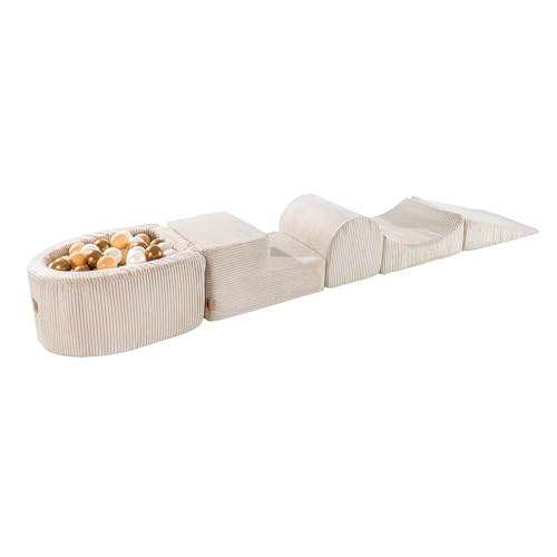 MEOWBABY Schaumstoff Bausteine Kinder - Softbausteine XXL - Bausteine Spielplatz mit kleinem Bällebad und 100 Bällen - Indoor Motorik Spielzeug für Babys & Kleinkinder, Cord, Ecru von MEOWBABY
