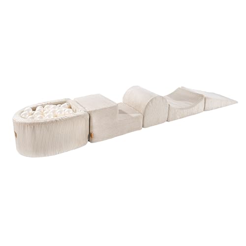 MEOWBABY Schaumstoff Bausteine Kinder - Softbausteine XXL - Bausteine Spielplatz mit kleinem Bällebad und 100 Bällen - Indoor Motorik Spielzeug für Babys & Kleinkinder, Cord, Ecru von MEOWBABY