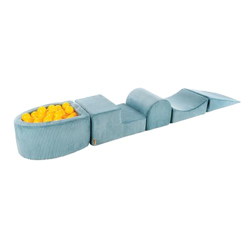 MEOWBABY Schaumstoff Bausteine Kinder - Softbausteine XXL - Bausteine Spielplatz mit kleinem Bällebad und 100 Bällen - Indoor Motorik Spielzeug für Babys & Kleinkinder, Cord, Türkis von MEOWBABY