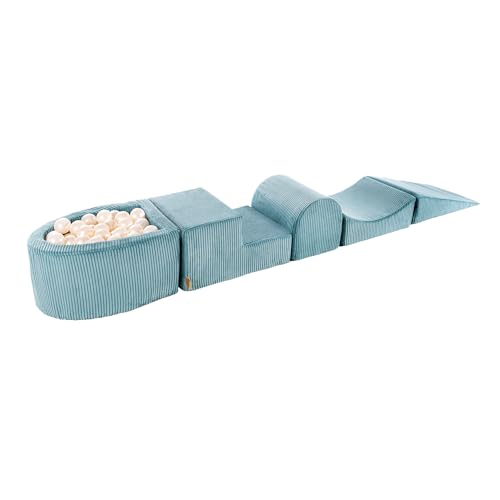 MEOWBABY Schaumstoff Bausteine Kinder - Softbausteine XXL - Bausteine Spielplatz mit kleinem Bällebad und 100 Bällen - Indoor Motorik Spielzeug für Babys & Kleinkinder, Cord, Türkis von MEOWBABY