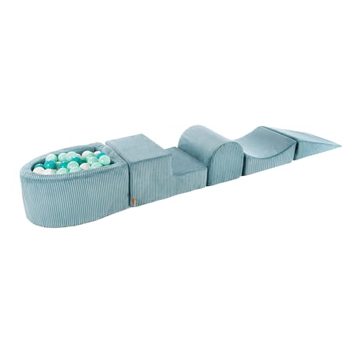 MEOWBABY Schaumstoff Bausteine Kinder - Softbausteine XXL - Bausteine Spielplatz mit kleinem Bällebad und 100 Bällen - Indoor Motorik Spielzeug für Babys & Kleinkinder, Cord, Türkis von MEOWBABY