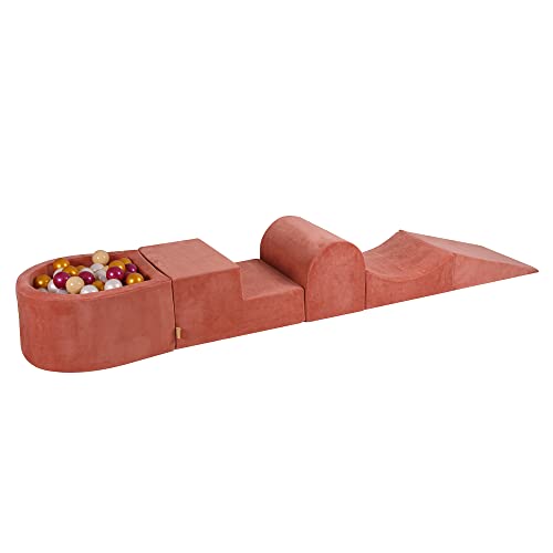 MEOWBABY Spielplatz aus Schaumstoff mit Bällebad 200x45cm/100 Bälle für Kinder - Baby Softbausteine, Samt, Marsala Rot: Perlweinrot/Gold/Beige/Perlweiß von MEOWBABY