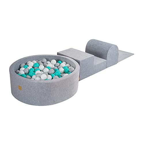 MEOWBABY Spielplatz aus Schaumstoff mit Bällebad 240x45cm - Schaumspielset mit 200 Bälle für Kinder, Velvet, Hellgrau: Weiß/Grau/Türkis von MEOWBABY