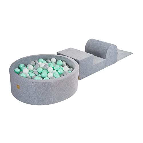 MEOWBABY Spielplatz aus Schaumstoff mit Rund Bällebad 90x30cm/200 Bälle für Kinder - Baby Softbausteine, Samt, Hellgrau: Weiß/Grau/Mint von MEOWBABY