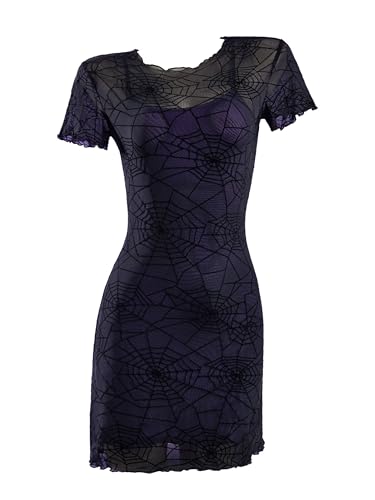 MEOWCOS Damen Bodycon Kleid Spinnennetz Print Gothic Punk Hoher Kragen Kurzes Kleid mit langen Armabdeckungen, Schwarz und Violett, L MEOWCOS Damen Bodycon Kleid Spinnennetz Print Gothic Punk Hoher Kragen Kurzes Kleid mit langen Armabdeckungen, Schwarz und Violett, L von MEOWCOS.COM