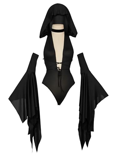 MEOWCOS Damen Bodysuit Gothic Hoodie Einteiler Halloween Cosplay Kostüm mit Glockenärmeln MEOWCOS Damen Bodysuit Gothic Hoodie Einteiler Halloween Cosplay Kostüm mit Glockenärmeln von MEOWCOS.COM