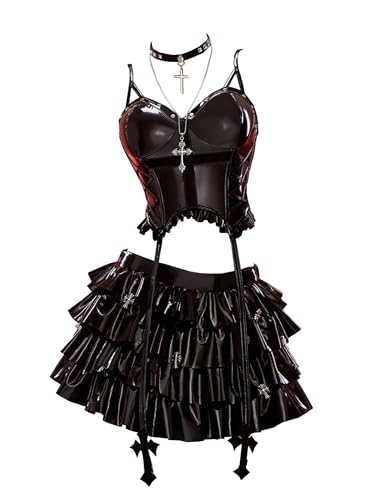 MEOWCOS Damen Gothic Camisole Rock Set Halloween Kostüm Top Mehrschichtiger Rock mit Choker Halskette, Schwarz, Small von MEOWCOS.COM