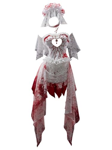 MEOWCOS Damen Gothic Kleid Halloween Rot Weiß Blutige Braut Set Goth Tube Top Rock mit Stirnband Handschuhe, weiß / rot, Medium von MEOWCOS.COM