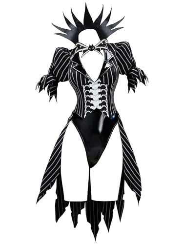 MEOWCOS Damen Halloween Bodysuit Kostüm Schwarz-Weiß Gestreift Bodysuit Weihnachten Outfit Set Bunny Girl Anzug von MEOWCOS.COM