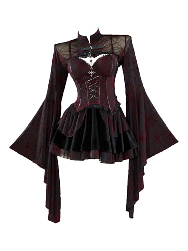 MEOWCOS Damen Korsett Kleid Gothic Punk Samt beflockt Tüll Kurzes Kleid mit süßem Design, Schwarz und Rot, L MEOWCOS Damen Korsett Kleid Gothic Punk Samt beflockt Tüll Kurzes Kleid mit süßem Design, Schwarz und Rot, L von MEOWCOS.COM