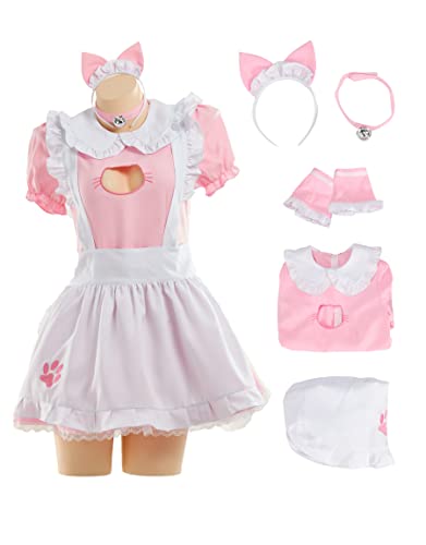 MEOWCOS Damen Offene Brüste Hohles Katzenmädchen Kleid Home Wear Cosplay Kostüm mit Pfotenstickerei (S, Rosa) von MEOWCOS.COM