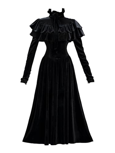 MEOWCOS Damen Renaissance Kleid Gothic Samtkleid Mittelalter Kostüm Vintage Taillenbetontes Kleid mit Rüschen Umhang, Schwarz, S von MEOWCOS.COM