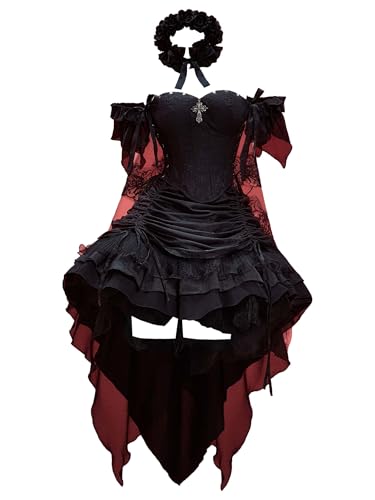 MEOWCOS Gothic Kleid Halloween Korsett Aline Kleid Schnürtop und Lagenrock mit Haarband und Choker von MEOWCOS.COM