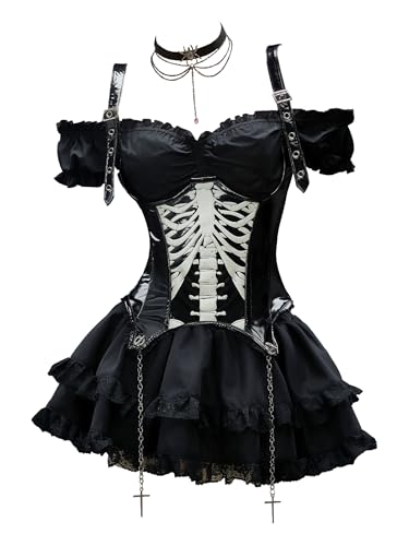 MEOWCOS Gothic Korsett Rock Set Schwarz Gothic Kostüm Set mit Skelett Korsett Tube Top und Lagenrock mit Handschuhen, Schwarz, Small MEOWCOS Gothic Korsett Rock Set Schwarz Gothic Kostüm Set mit Skelett Korsett Tube Top und Lagenrock mit Handschuhen, Schwarz, Small von MEOWCOS.COM