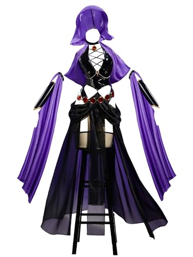 MEOWCOS Halloween-Kostüm für Damen, Cosplay, Tänzerin, Body mit violetten, ausgestellten Chiffon-Ärmeln, Kapuze, Schwarz und Violett, Large von MEOWCOS.COM
