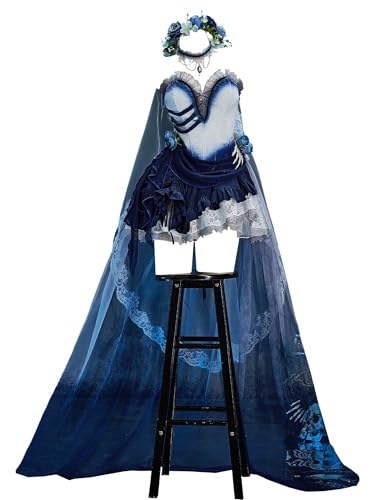 Meowcos Gothic-Kleid für Damen, Halloween, Punk, Brautkleid, unregelmäßiges Schlauchkleid mit Schwanz, Rock und Schleier von MEOWCOS.COM