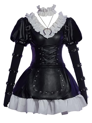 Meowcos Gothic-Kleid für Damen, Punk-Kleid mit Schürze, Handschuhen, Strümpfen, dekorative Halskette, Schwarz, X-Large Meowcos Gothic-Kleid für Damen, Punk-Kleid mit Schürze, Handschuhen, Strümpfen, dekorative Halskette, Schwarz, X-Large von MEOWCOS.COM
