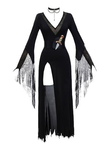 Meowcos Gothic-Kleid für Damen, tiefer V-Ausschnitt, hoher Schlitz, Spinnennetz-Design, Halloween, Cosplay-Kostüm Meowcos Gothic-Kleid für Damen, tiefer V-Ausschnitt, hoher Schlitz, Spinnennetz-Design, Halloween, Cosplay-Kostüm von MEOWCOS.COM