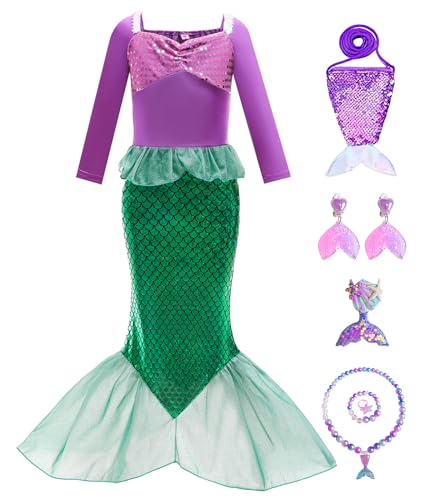 MERIABNY Ariel-Kostüm für Mädchen, Meerjungfrauenkleid für Mädchen, 7–8, Halloween, Cosplay, Kostüme für Kinder, mit Meerjungfrauen-Zubehör von MERIABNY