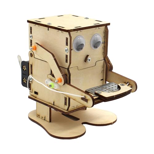 MERIGLARE Generic DIY Holz Wissenschaftsexperiment Sets, Kreativer Roboter, Sparkasse, 3D Rätsel,, 95mm x 130mm x 120mm, Holzfarbe von MERIGLARE