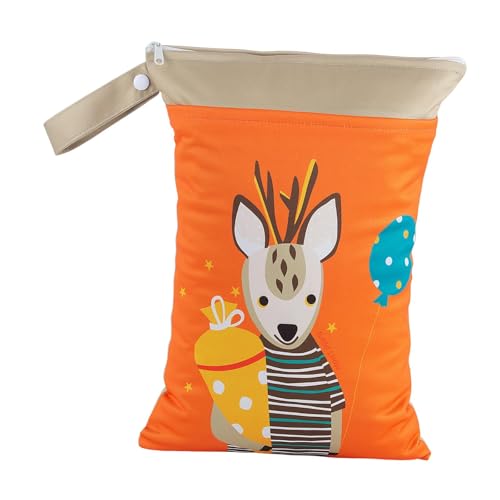 MERIGLARE Nass- und Trockentasche für Windeln, Stoffservietten, Aufbewahrungstasche mit Cartoon-Aufdruck, mit 2 Reißverschlusstaschen für, Orange von MERIGLARE