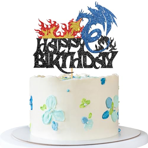 Drachen-Geburtstagstortenaufsatz – Fantasy-Drachen-Geburtstagskuchenzubehör – Babyparty Kindergeburtstag Party Dekorationen – schwarzer Glitzer von MERRSHIN