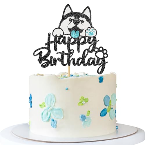 Husky Happy Birthday Tortenaufsatz – Haustier-Hund Welpe Geburtstagstortenzubehör – Let's Pawty – Babyparty-Dekoration – schwarzer Glitzer von MERRSHIN