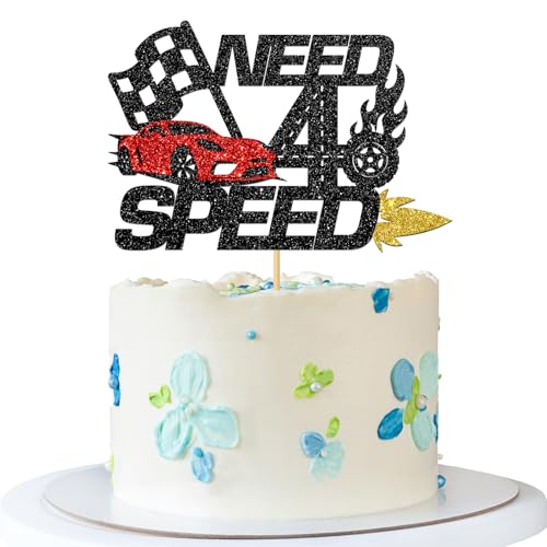 Need Four Speed Tortenaufsatz – Rennwagen karierte Flagge Kuchenzubehör – Rennwagen 4. Geburtstag Party – Sport-Party-Dekorationen – schwarzer Glitzer von MERRSHIN