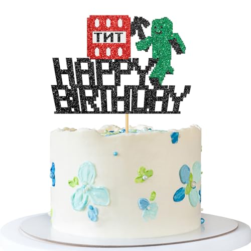 Pixel-Stil Happy Birthday Tortenaufsatz – Junge Mädchen Kind Pixel Miner Geburtstag Kuchen Supplies – Block-Videospiel – Spiel TNT Party Dekoration – Schwarzer Glitzer von MERRSHIN