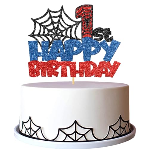 Spider Happy 1st Birthday Tortenaufsatz – Cartoon-Film 1. Geburtstag Kuchenzubehör – Cheers to One Year Old Party-Dekorationen – Schwarz Blau Rot Glitzer Spider Happy 1st Birthday Tortenaufsatz – Cartoon-Film 1. Geburtstag Kuchenzubehör – Cheers to One Year Old Party-Dekorationen – Schwarz Blau Rot Glitzer von MERRSHIN
