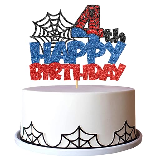 Spider Happy 4th Birthday Tortenaufsatz – Cartoon-Film 4. Geburtstag Kuchenzubehör – Cheers to Four Years Old Party-Dekorationen – Schwarz Blau Rot Glitzer Spider Happy 4th Birthday Tortenaufsatz – Cartoon-Film 4. Geburtstag Kuchenzubehör – Cheers to Four Years Old Party-Dekorationen – Schwarz Blau Rot Glitzer von MERRSHIN
