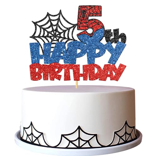 Spider Happy 5th Birthday Tortenaufsatz – Cartoon-Film 5. Geburtstag Kuchenzubehör – Cheers to Five Years Old Party-Dekorationen – Schwarz Blau Rot Glitzer Spider Happy 5th Birthday Tortenaufsatz – Cartoon-Film 5. Geburtstag Kuchenzubehör – Cheers to Five Years Old Party-Dekorationen – Schwarz Blau Rot Glitzer von MERRSHIN