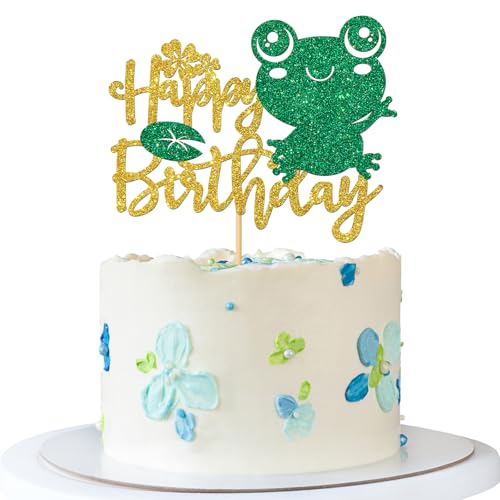 Tortenaufsatz Frosch Happy Birthday – Regenwald-Frosch-Geburtstagstortenzubehör – Froschprinz Kindergeburtstag Party Dekorationen – Goldglitzer von MERRSHIN